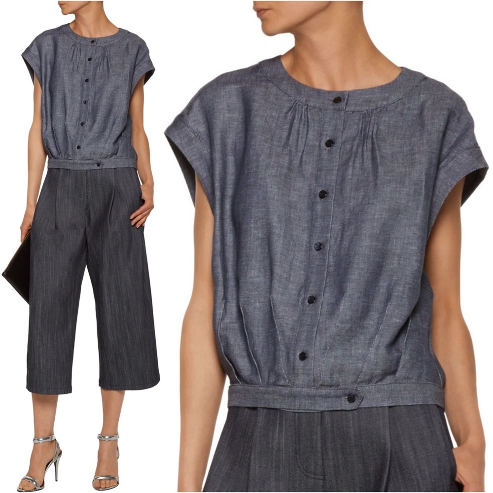 MILLY Silk Linen Navy & Blue Short Sleeve Jacket